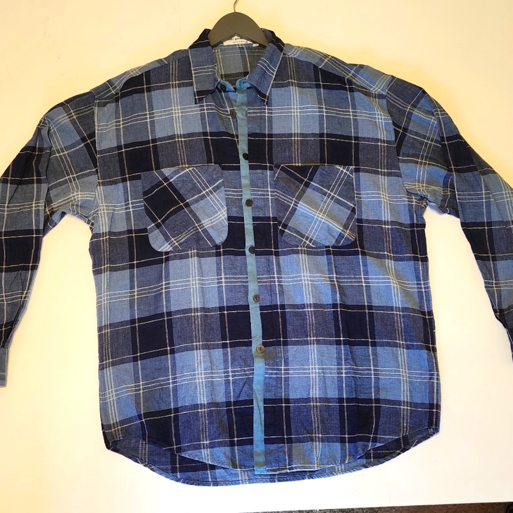Yashi Yamamuri  Mens Large  Long Sleeve  Cotton  Blue Plaid Shirt with Pockets